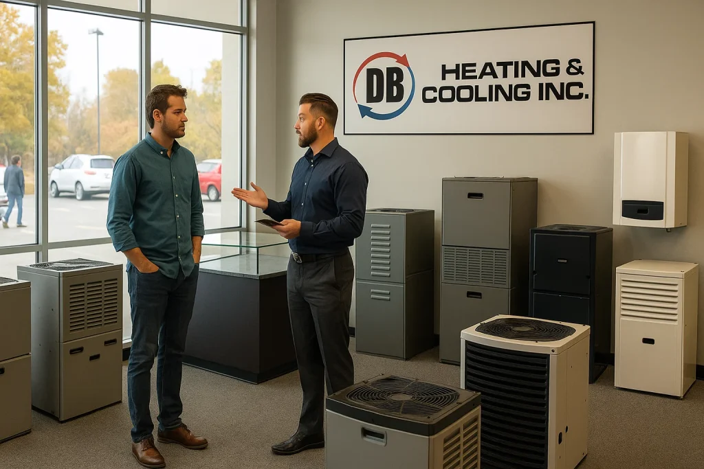 An image of an HVAC sales unit discussing new furnaces with the homeowner.