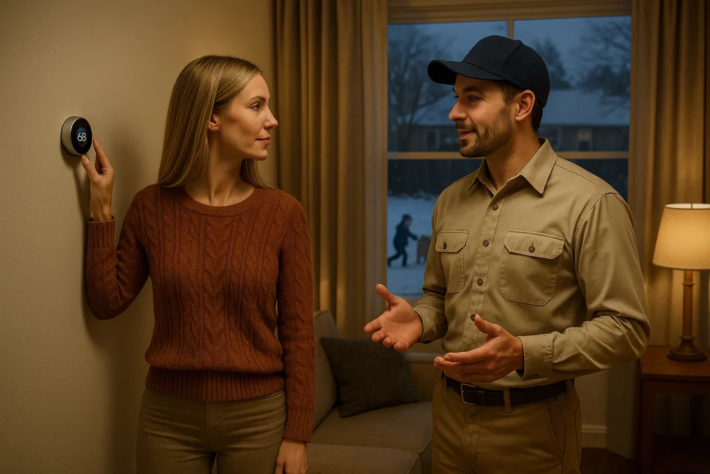 Homeowner adjusting smart thermostat with HVAC technician in Northeastern home