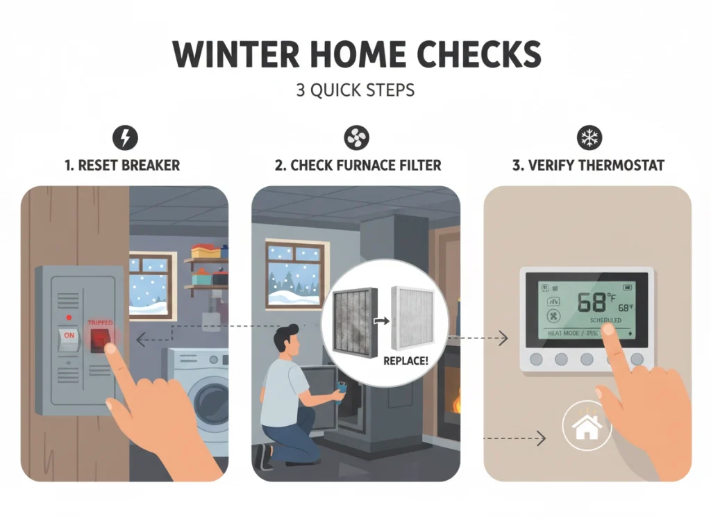 Infographic showing homeowner steps to troubleshoot furnace failure on cold winter night