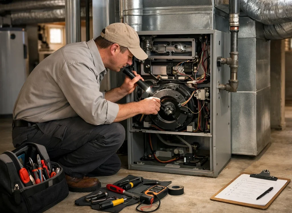 HVAC technician performing furnace maintenance inspection in basement utility room