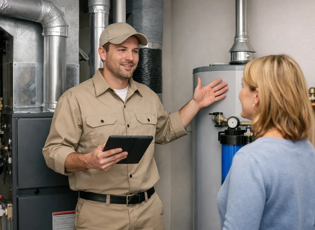 Technician inspecting plumbing and HVAC systems during winter
