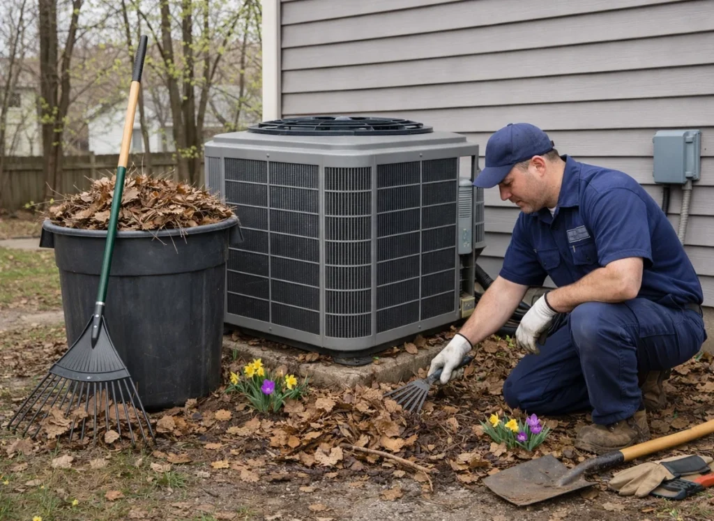 And HVAC technician cleaning around an AC condenser unit on the side of the house in New Jersey.